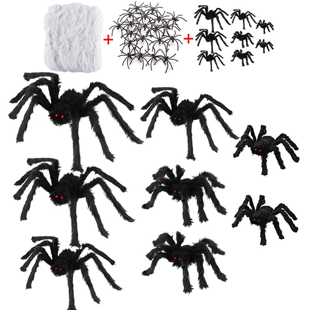 10 Pack Halloween Spider Decorations with 8 Giant Spider Halloween Spiders 400 sqft Stretch Cobwebs Spider Web 20 Small Plastic Spiders for Indoor Outdoor Halloween Decorations Yard Home Parties Décor