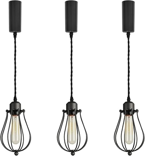 Miniatura 23 de Kiven H-System - Lámpara colgante de pista, estilo retro, diseño de loft vintage, lámpara de techo colgante de jaula de cesta negra, accesorio de 3