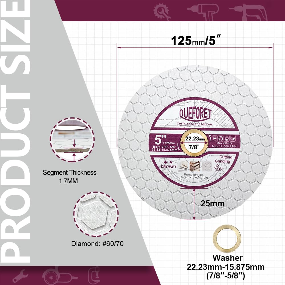 QUEFORET Diamond Cutting Grinding Disc 125mm - Saw Blade for Dry Cutting and Polishing Porcelain Ceramic Tile Marble Artificial Stone - Image 2