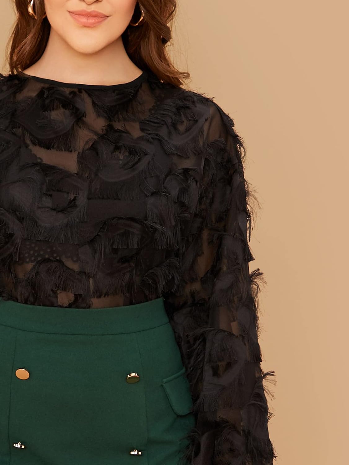 SweatyRocks Women's Plus Size Fringe Long Bishop Sleeve Boat Neck Sheer Blouse Drop Shoulder Elegant Tops - Image 5