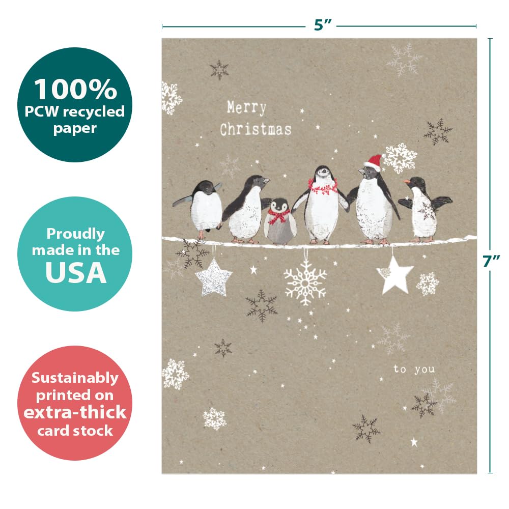 Tree-Free Greetings Holiday Greeting Cards, Penguin Merry Christmas, Vintage Brown Recycled Paper, Boxed Note Card Set - Image 4