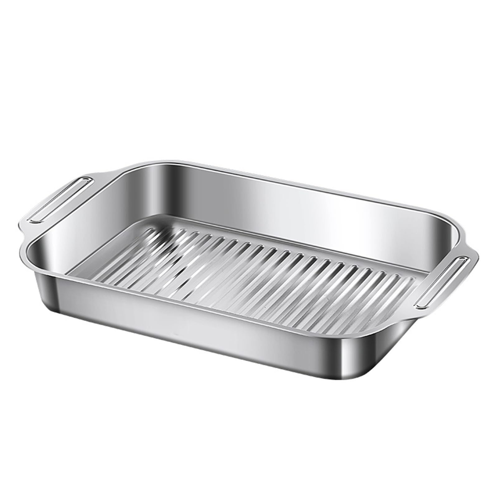 Asador de acero inoxidable de 14 pulgadas con asas, versátil para pavo, pescado, pollo, lasaña y verduras, parte inferior a rayas para calentar uniformemente