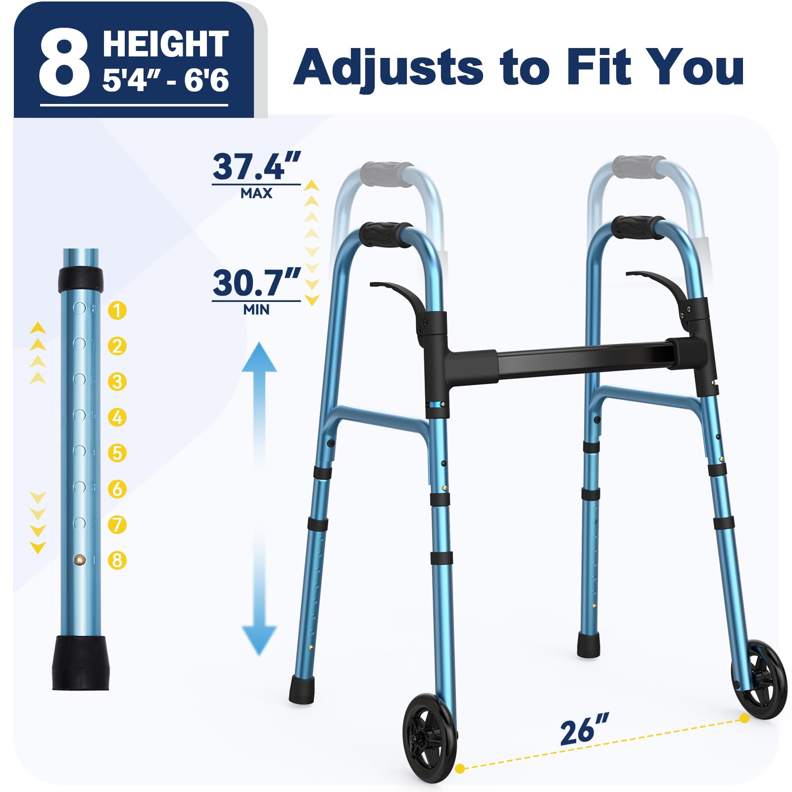 Walkers for Seniors, Folding Walker with Wheels and 2 Skis, Lightweight Rolling Walker Supports Up to 350 Pounds, Adjustable Height, Adult Compact Standard Walkers with Aluminum Frame, Blue