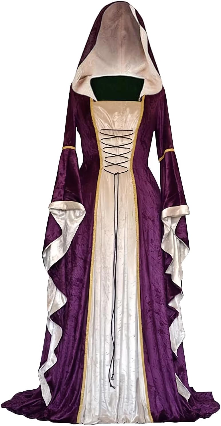 PYAEAS Womens Renaissance Velvet Dress Halloween Victorian Hooded Gown Dresses Medieval Gothic Vampire Costumes Cosplay