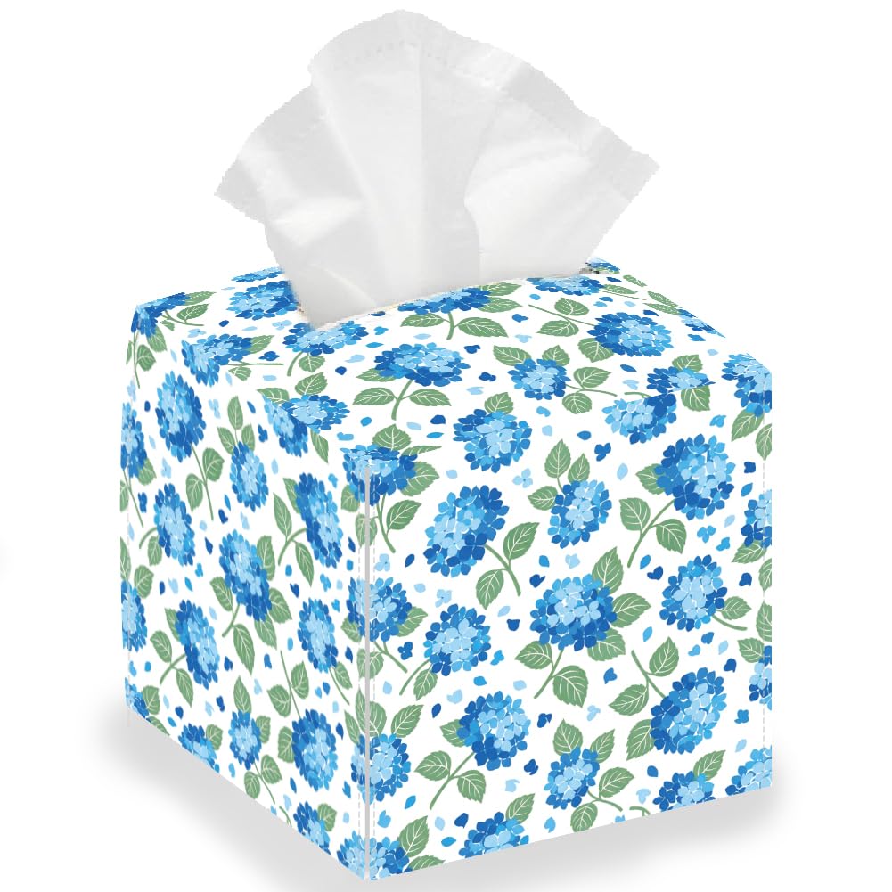 DELORIGIN Blue Hydrangea Tissue Storage Box, Square Foldable Tissue Box Holder Waterproof Leather Paper Towel Case Cover Container Organizer for Bedroom Home Office Car, 13 * 13 * 13cm