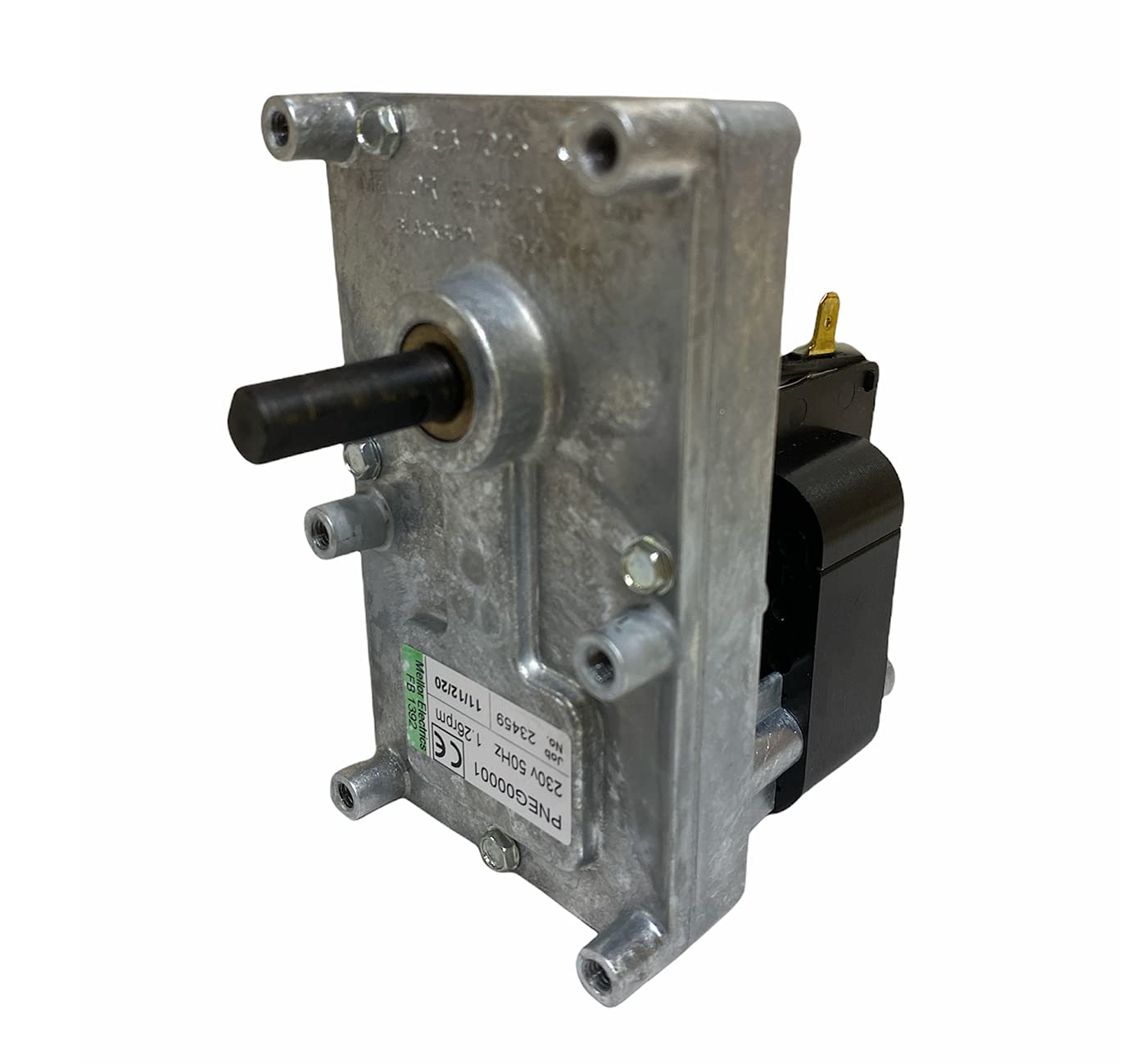 eRicambi, Motoriduttore FB1392 per Stufe a Pellet serie T3, Velocità 1,26rpm, Pacco Lamellare 25mm, Ø Albero 9,5mm, Senso di Rotazione Oraria, Spianatura Doppia