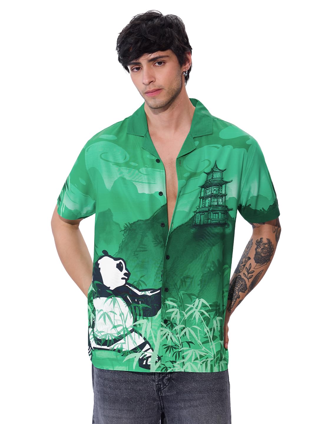 The Souled StoreKung Fu Panda: Chi Power Men and Boys Short Sleeves Collared Neck Button Front Green Printed Regular Fit Rayon Holiday Shirts