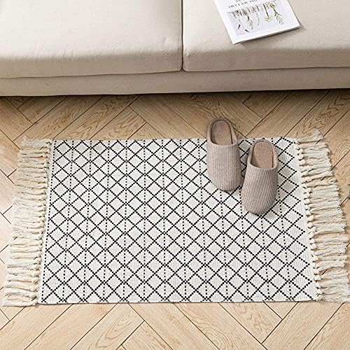 hi-home Area Rug for Living Room, Cotton Small boho Rugs with Tassels for Bedroom Kitchen Hallway Laundry Room, Hand Woven Machine Washable Indoor/Outdoor Floor Mat Carpet Hallway Rug 60x90cm (Black)