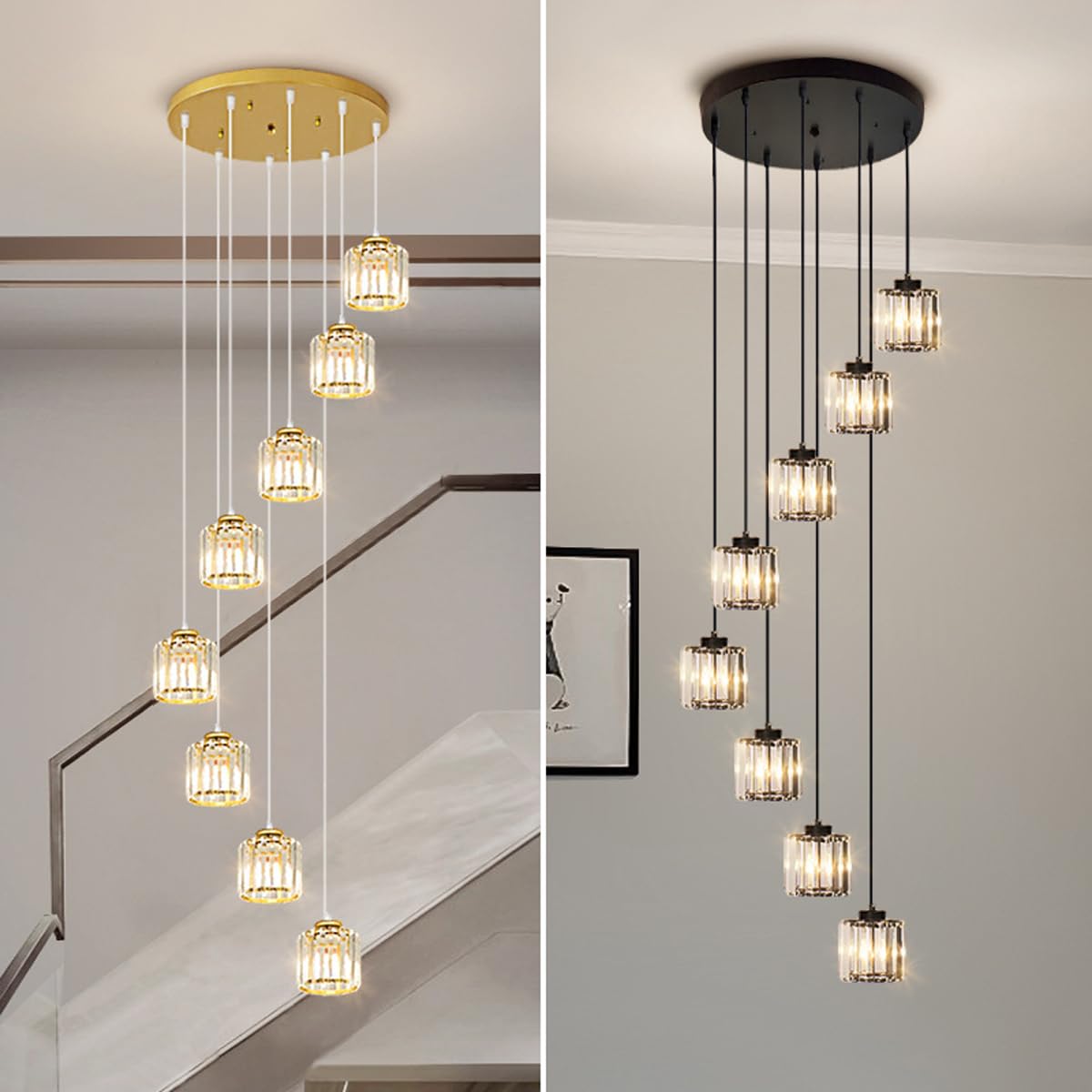 Villa Soggiorno Luce Apparecchi di Illuminazione di Lusso Scala Duplex Creativa, Lampadario Lungo Moderno a LED Semplice e atmosferico in Cristallo Nero