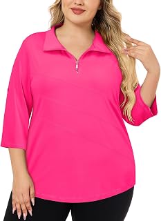 Women's Plus Size 3/4 Sleeve Golf Tennis Polo Shirts Zip Up Dry Fit UPF 50+ Adjust Workout Tops Athletic Shirt