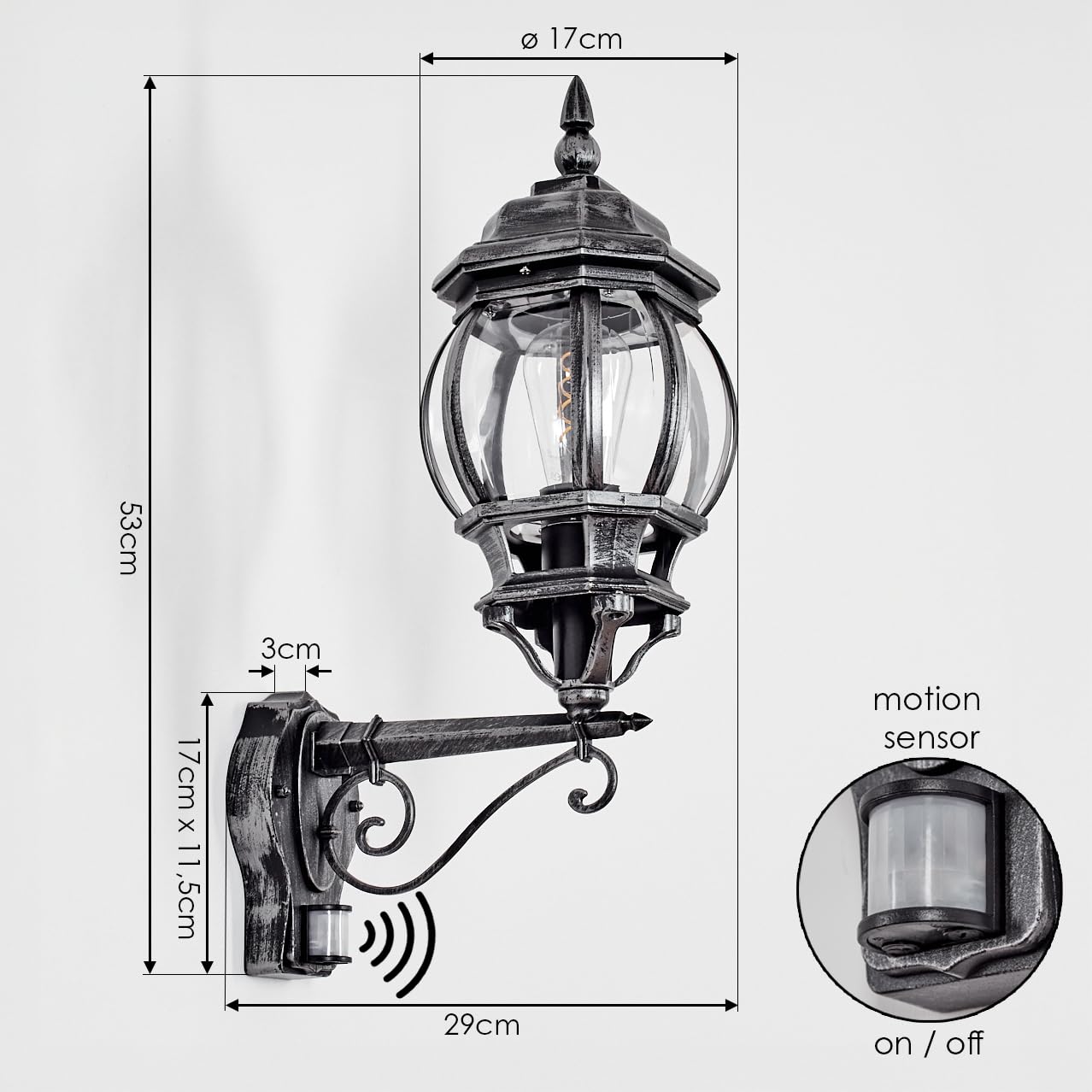 HOFSTEIN Außenwandleuchte Lentua, Außenwandlampe mit Bewegungsmelder aus Metall/Glas in Schwarz/Silber/Klar, Wandleuchte aufwärts außen Vintage mit Lichteffekt, E27, IP44, Hof, Außenbereich, Haustür