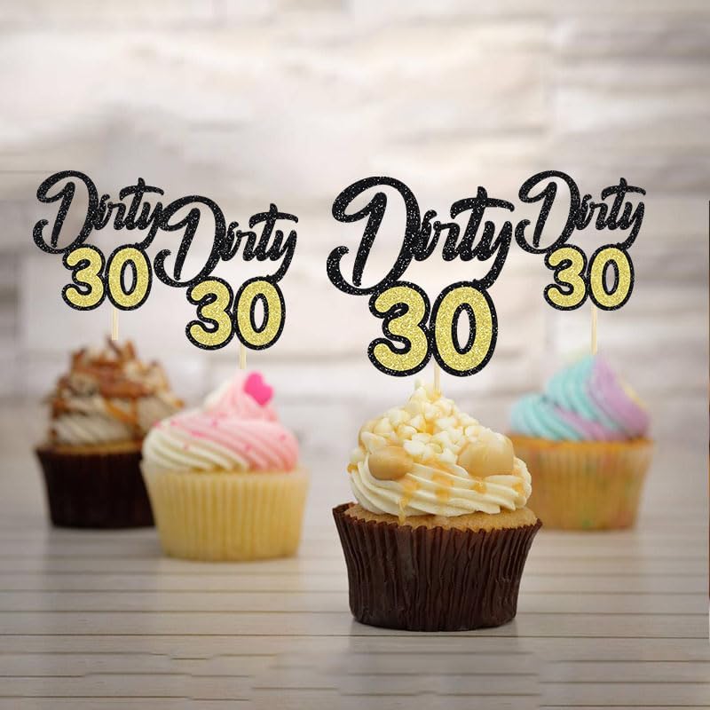 Condition photo showing New/Like New for 24pcs dirty 30 cupcake toppers, black & gold glitter 30th birthday cheers to 30 years, thirty cake toppers for happy 30th, anniversary party decoration