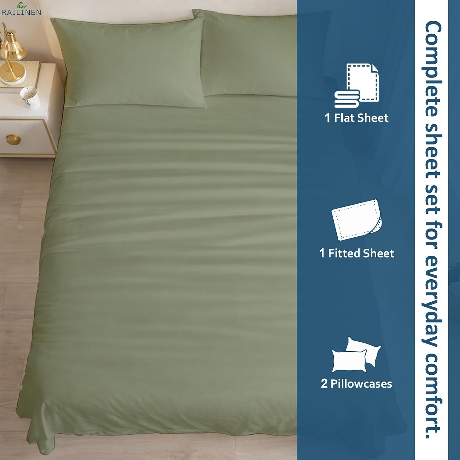 Rajlinen 100% Cotton Queen Sheets Set, Cooling & Breathable Bed Sheets, 16 Inch Deep Pocket Fitted Sheet with All-Around Elastic, Soft & Durable Bedding Set, Sage Solid