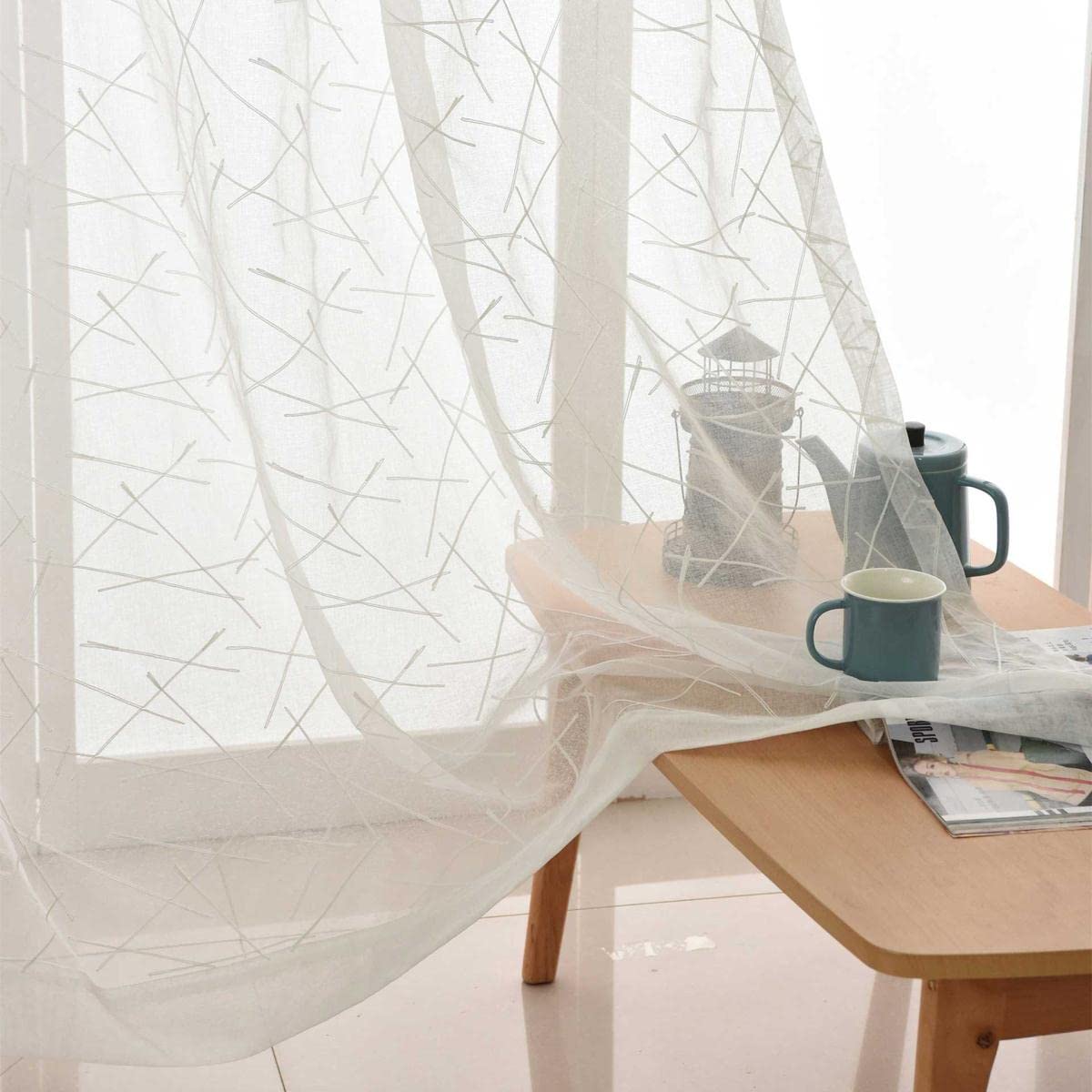 Blanc Broderie Tulle Fenêtre Rideaux pour Salon Géométrie Sheer Rideaux pour Chambre Voile Rideau Rideaux Aveugle Fini-Blanc,W400xL250cm 1pc,Ruban pour Crochets