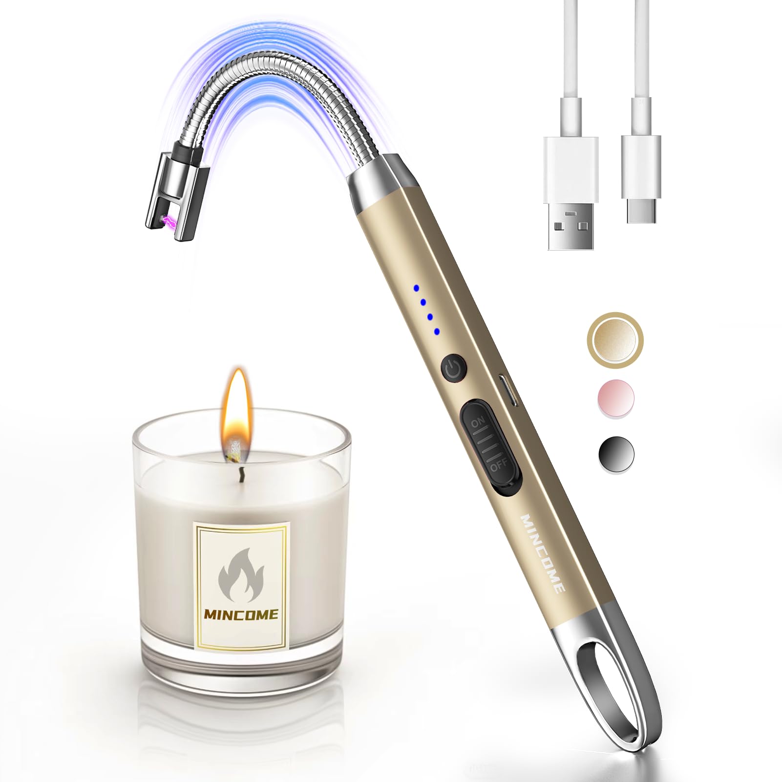 Candle Lighter Windproof Flameless Electric lighters Long Lighter with 360 Neck Safety Switch USB-C Rechageable LED Power Display