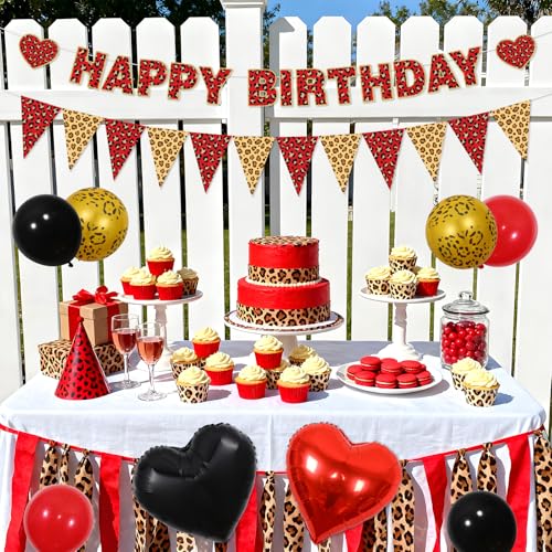 Image of Red Cheetah Birthday Party Decors Leopard Party Decors Set for Girls, Happy Birthday Banner, Heart Foil Balloons, Latex Balloons, Bunting Flags, Bold Animal Print Theme Decor for Home Bday Celebration
