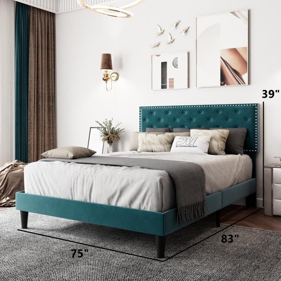 Image of Wooden Modern Upholstered King Size Bed for Bedroom | Wooden Double Bed Without Storage | Platform Cot Upholstered Bed with Upholstery Fabric | Engineered Wood | 6.5 x 6 Ft | Green Oliver
