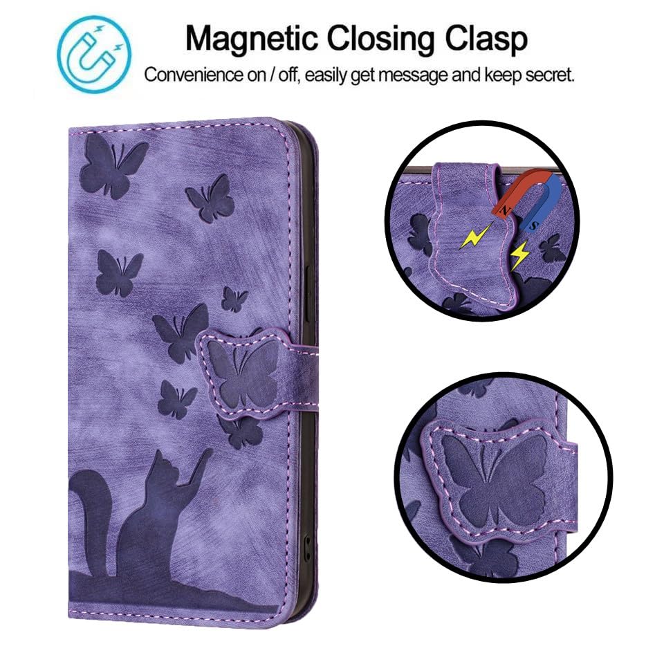 Wuhaizher for iPhone 16 Pro Case Butterfly Cat Shockproof PU Leather Wallet Phone Case for Girls with Card Holder Folding Stand Magnetic Protect Flip Cover for iPhone 16 Pro - Image 4