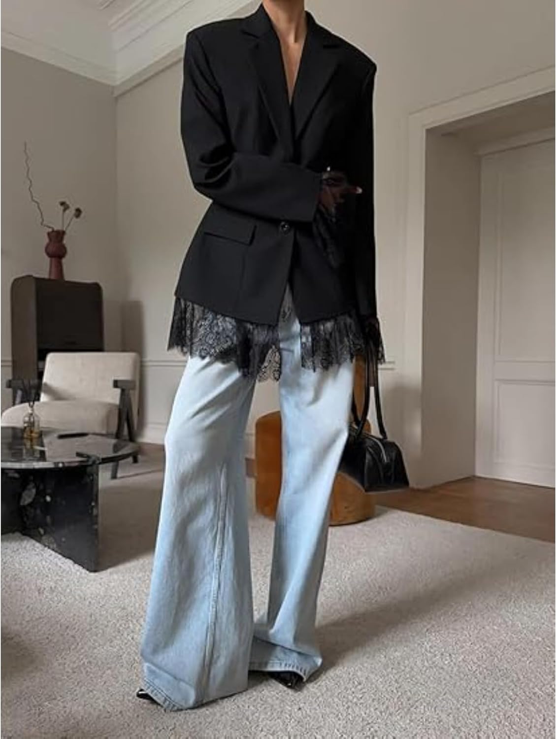 Womens Lace Blazer Peplum Button Lace Trim Long Sleeve Notched Lapel Blazer Open Office Casual