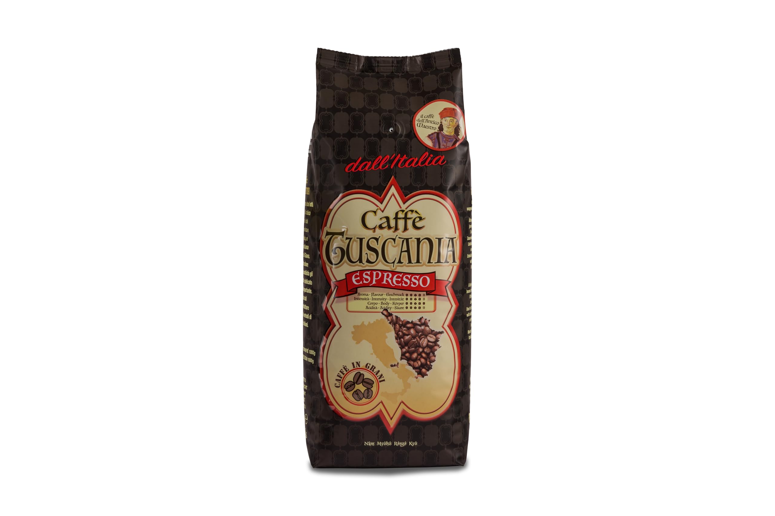 Caffè Tuscania - Caffè in Grani, gusto intenso, media tostatura, da macinare, caffè espresso italiano, miscela da bar - alta qualità - 1 Kg, chicchi