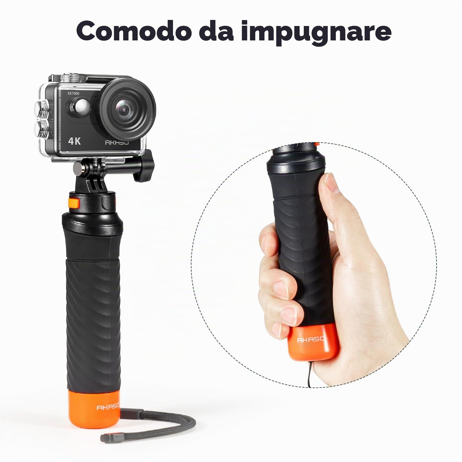 AKASO EK7000 Action Cam con Impugnatura e Custodia Protettiva, 4K30FPS Fotocamera Subacquea 20MP WiFi stabilizzazione EIS 170° Grandangolo Ultra HD con Zoom 4X e Batterie 2x1050mAh