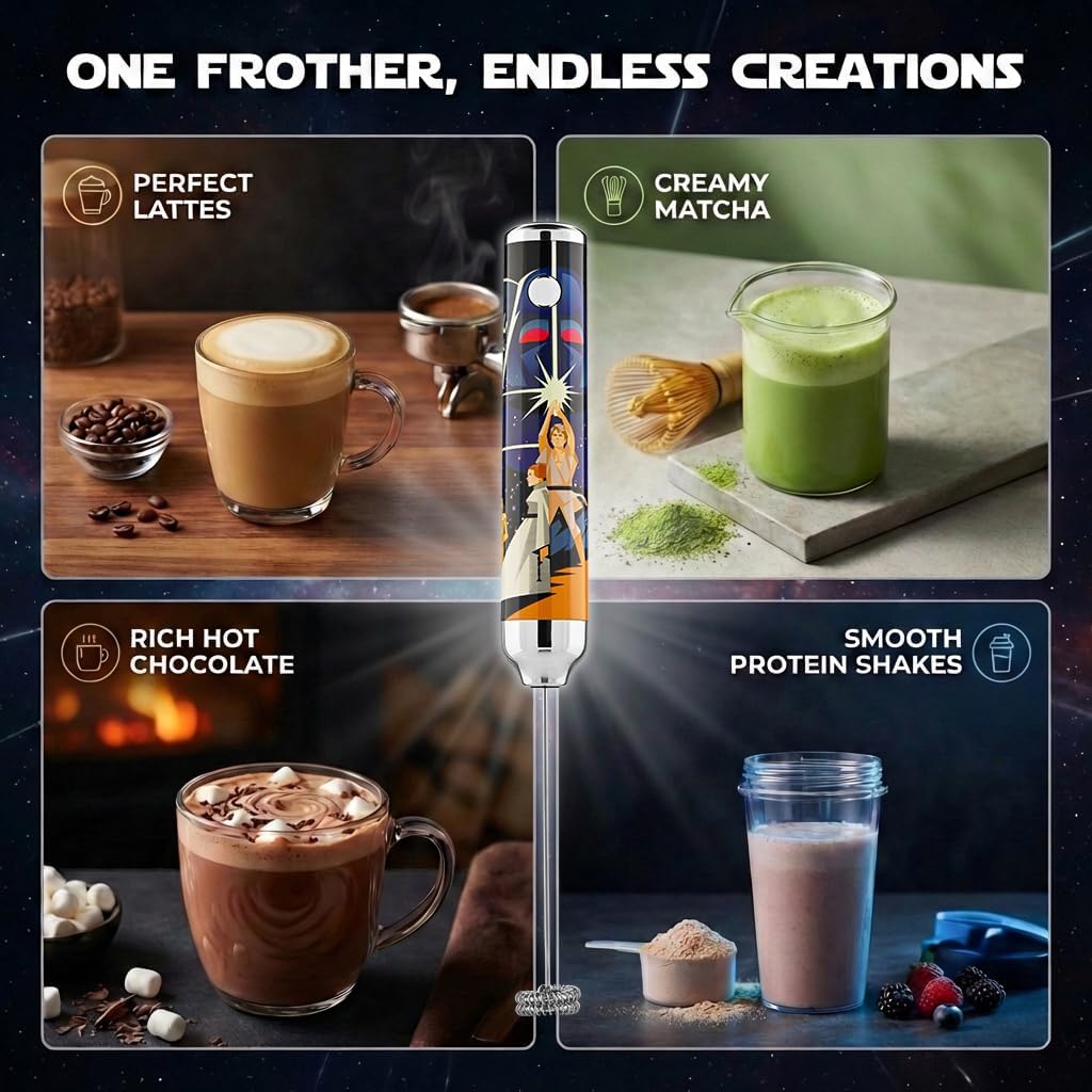 Star Wars New Hope Rechargeable Milk Frother with Stand by Select Brands – Vintage Design, Detachable Stainless Steel Whisk, USB-C Cordless Handheld Frother for Lattes, Cappuccinos and Matcha