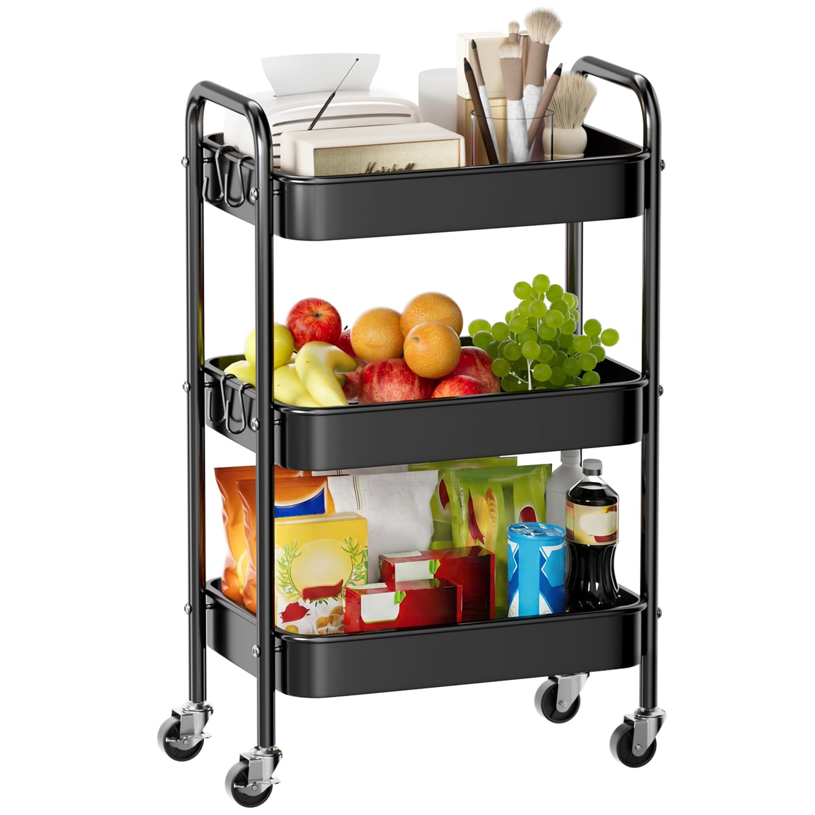 Abiglifty 3 Tier Metal Trolley, Kitchen Trolley on Wheels with Handle, Black Kitchen Trolley for Space-Saving, Rolling Utility Storage Cart Bathroom, Office, Bedroom and Mobile Shelving Organizer