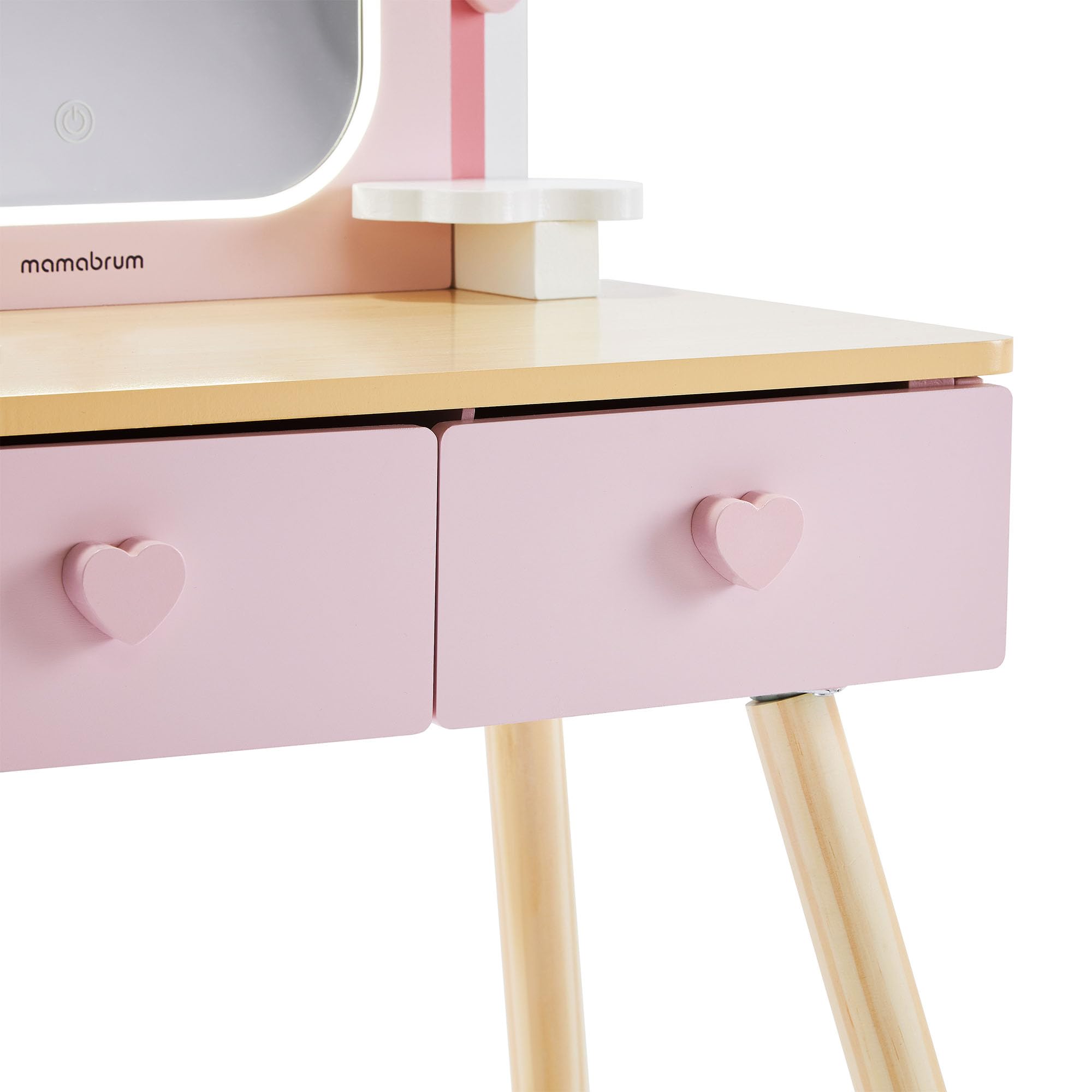 mamabrum Toeletta In Legno Per Bambini Con Specchio LED, Luce Regolabile, Sgabello E Accessori – Arredo Educativo E Creativo Ideale Per La Cameretta E Il Gioco Di Ruolo