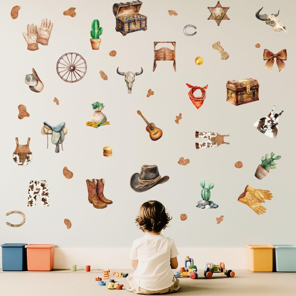 SUPERDANT 2Pcs Rodeo Wall Sticker Set 90x30cm Western Cowboy Wall Decals Removable Cowboy Hat Horseshoe Peel and Stick Western Border Decor for Boys Kids Playroom Baby Nursery Living Room Bedroom