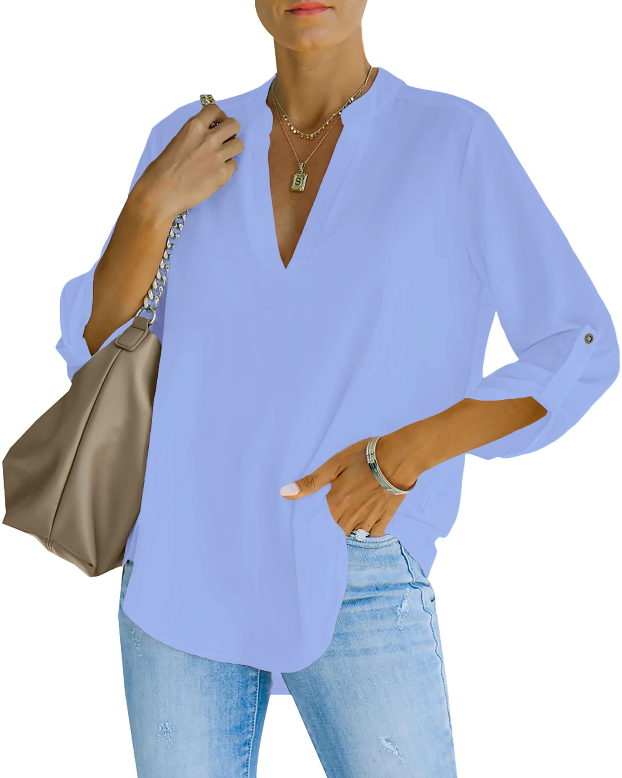 NONSAR Camicetta da donna Henley, elegante, con scollo a V, maniche arrotolabili, in stile casual