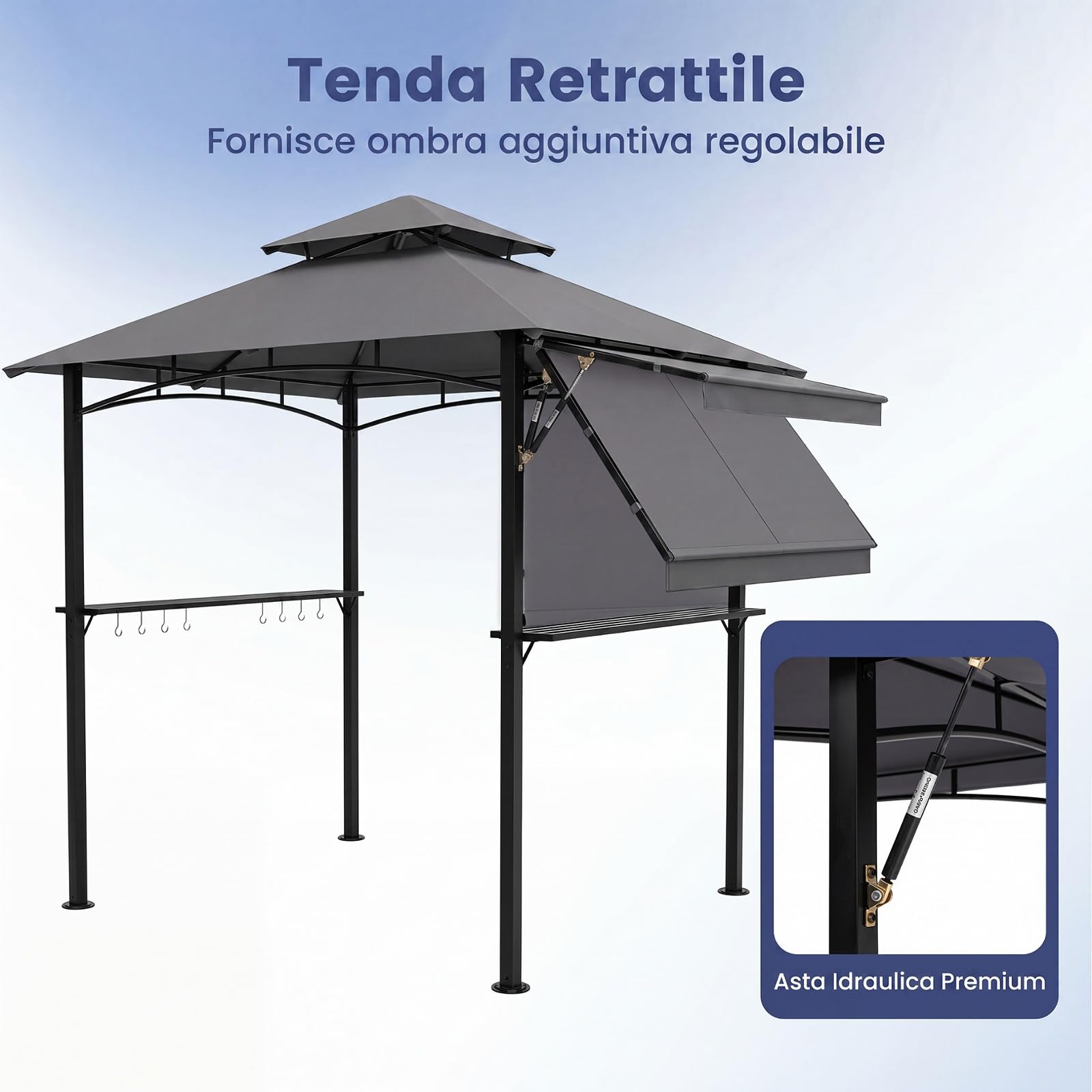 COSTWAY Gazebo per Barbecue 247 x 150 cm, Pergola per BBQ con Telo Laterale Retraibile, 2 Ripiani, 8 Ganci, Struttura in Metallo e Tetto a Doppio Strato per Feste, Barbecue e Picnic