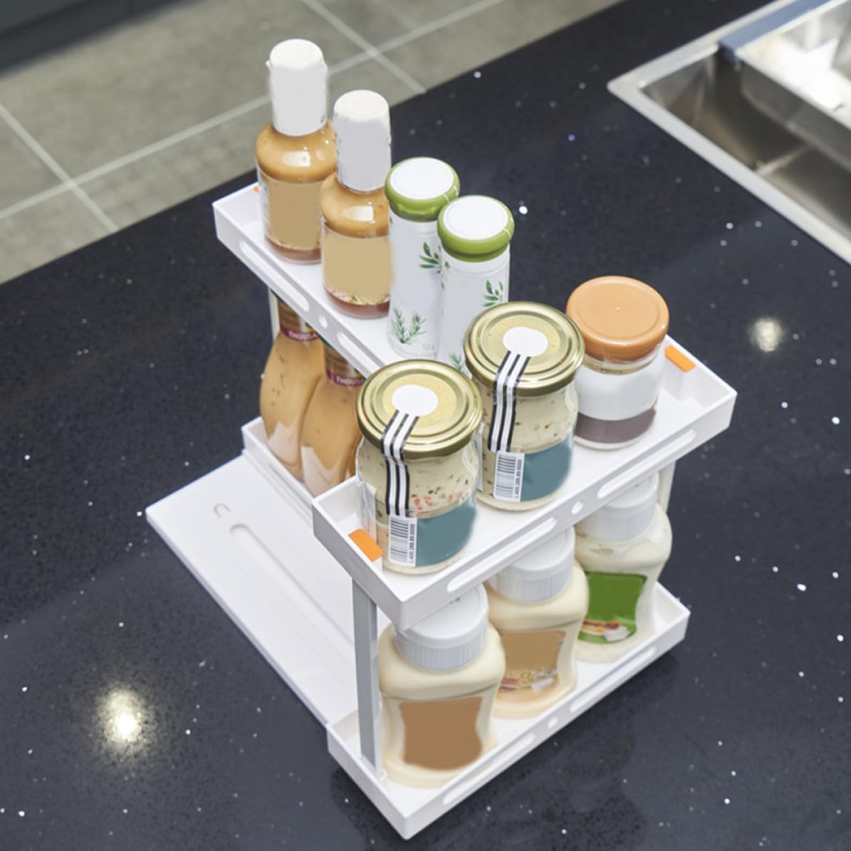 Happyyami Organizador de Cocina Diseño Extraíble y Organización Ordenada Extraíble Blanco de Abs y Acero al Carbono, Estante de Almacenamiento para Encimera