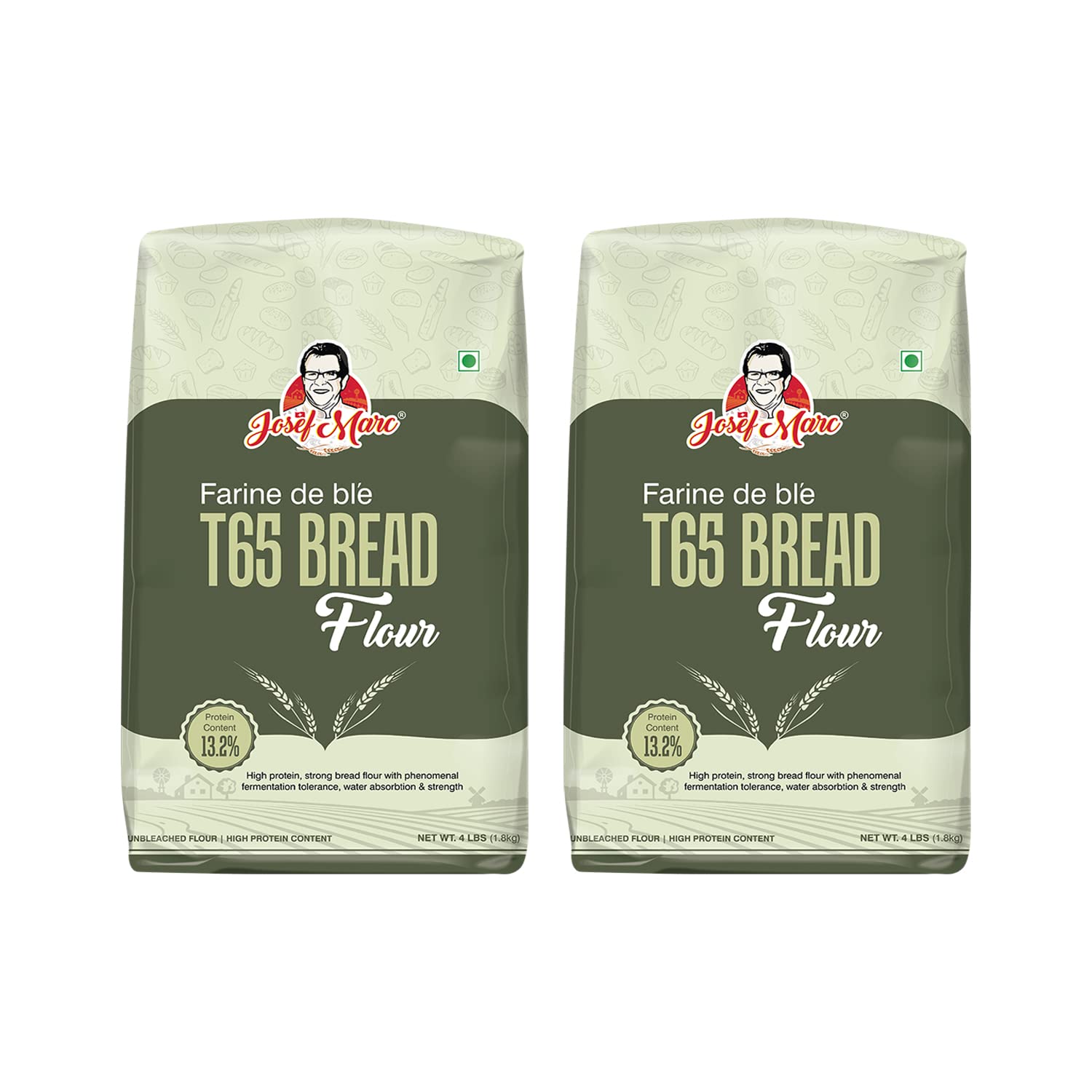 JOSEF MARC Farine De Ble T65 Bread Flour, 4 LBS (1.8kg) - Unbleached & High Protein Flour, All Purpose Bread Flour, Strong Bread Flour (Pack of 2)