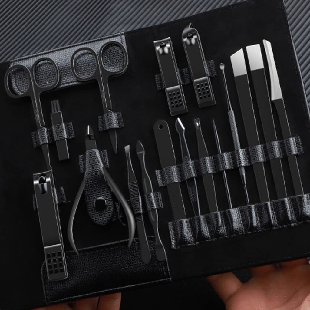 Set professionale per manicure 17 in 1 kit professionale per pedicure, forbici per unghie, kit da toelettatura con custodia da viaggio in pelle nera per adulti o bambini sicuri (colore nero)