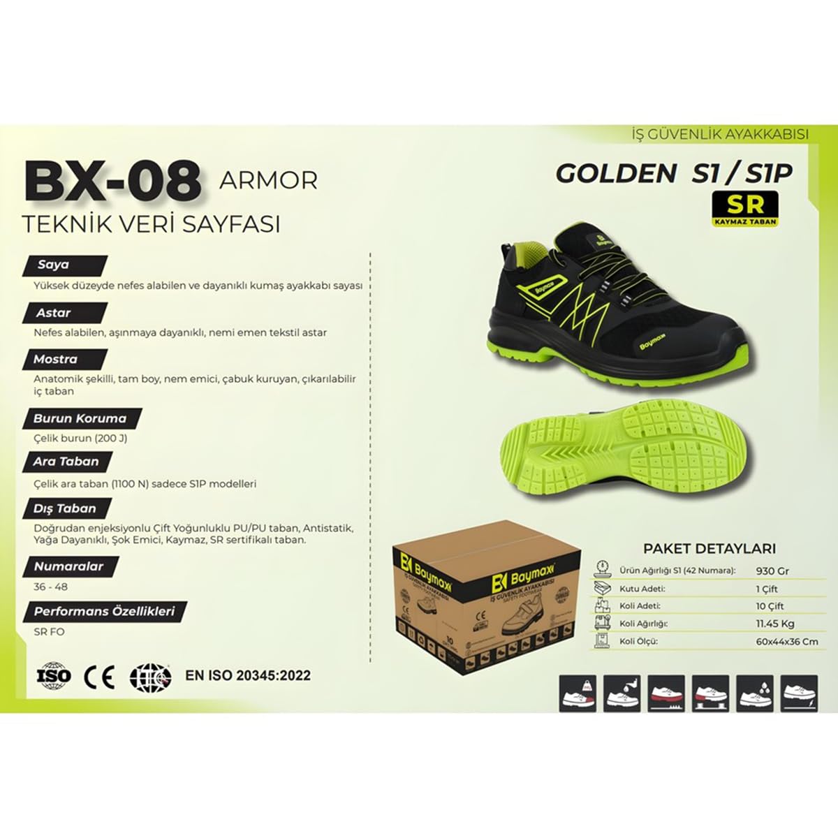 Baymax BX-08 Golden Armor S1 Bağcıklı Yazlık İş Güvenlik Ayakkabısı No:43 (43)