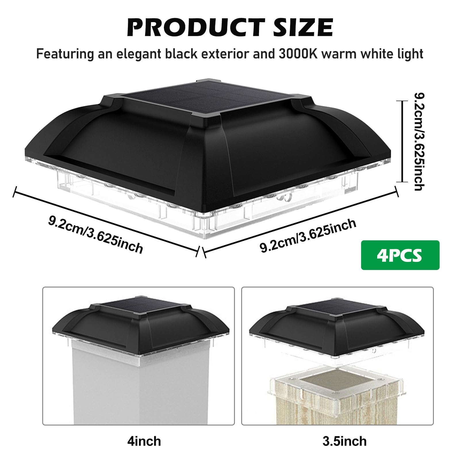 4 Stück Solar Pfostenkappe, Pfostenleuchte Solar, Solar Pfostenkappen, Lampe Solarlampe Außen, Solarzaun Pfostenleuchten, Säulenlampe ür Außen Garten Terrasse Zaun 3.5x3.5 4x4 Zoll Hölzerne Pfäle