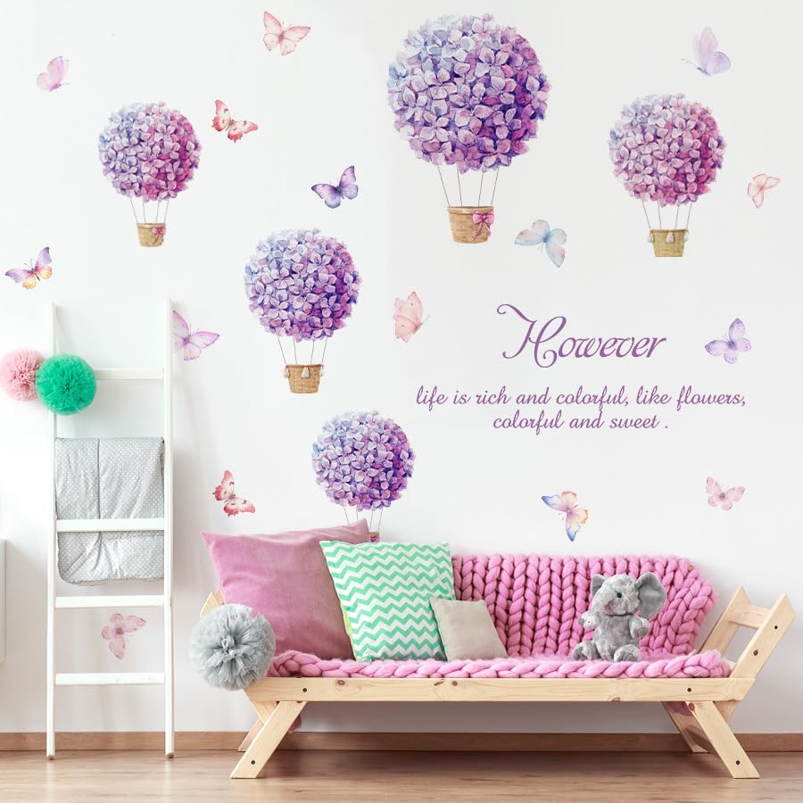 Fufuquare Vinyl Purple Flower Hydrangea Wall Stickers Inspirational Lettering Quotes Sayings Butterfly Wall Decals for Girls' Bedrooms and Living Rooms
