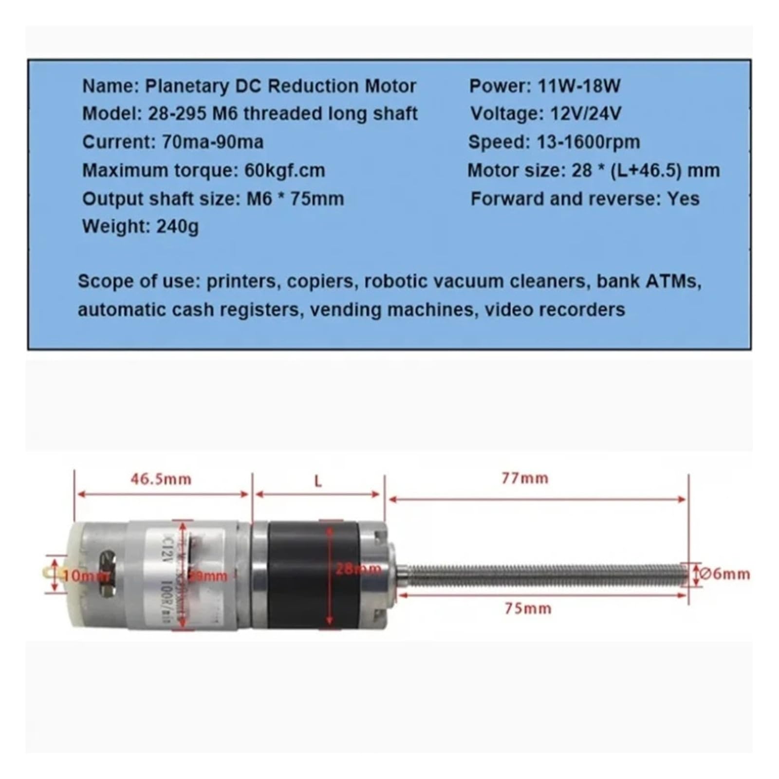 60Kg 28-395 M 6 * 75Mm Schroefdraad como Motor Reductor de CC Micro planetario Tandwielschroef Lange como Motor de Carga de 12V 24V con Brida(16RPM,12V)