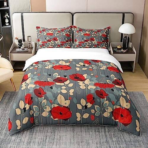 Homemissing Coquelicot Housse de Couette 140x200cm 100% Coton, Fleur de Jardin Femme Literie Set, Super Rouge Coquelicot Parure de Lit Beige Gris Ensemble de...