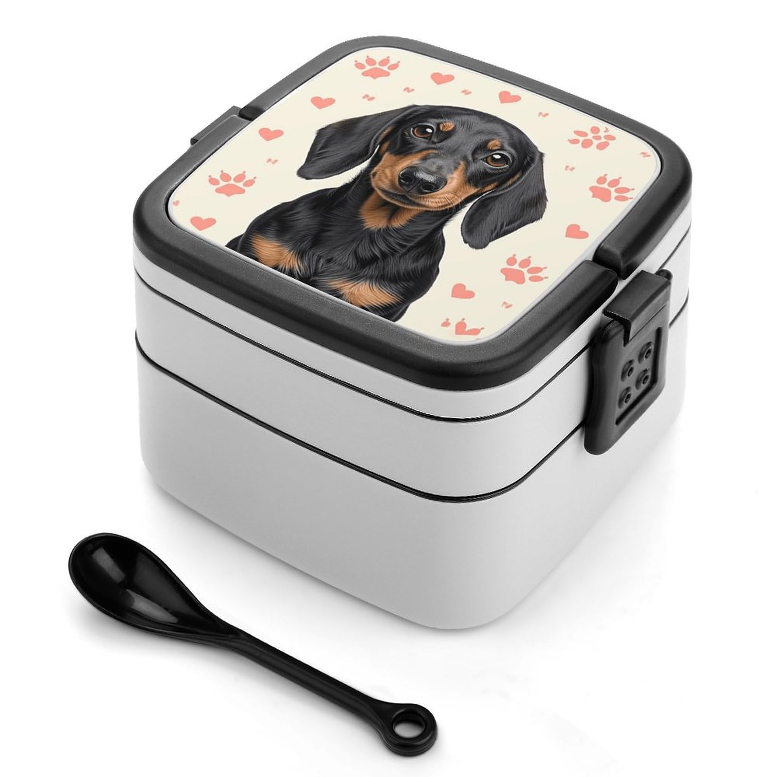 VstaDank Dachshund Paw Print Bento Box with Compartments Portable Lunch Containers with Spoon Leak Proof Bento Lunch Box Snap-On Design Double-Layer Insulated Lunch Boxes for Work Camping