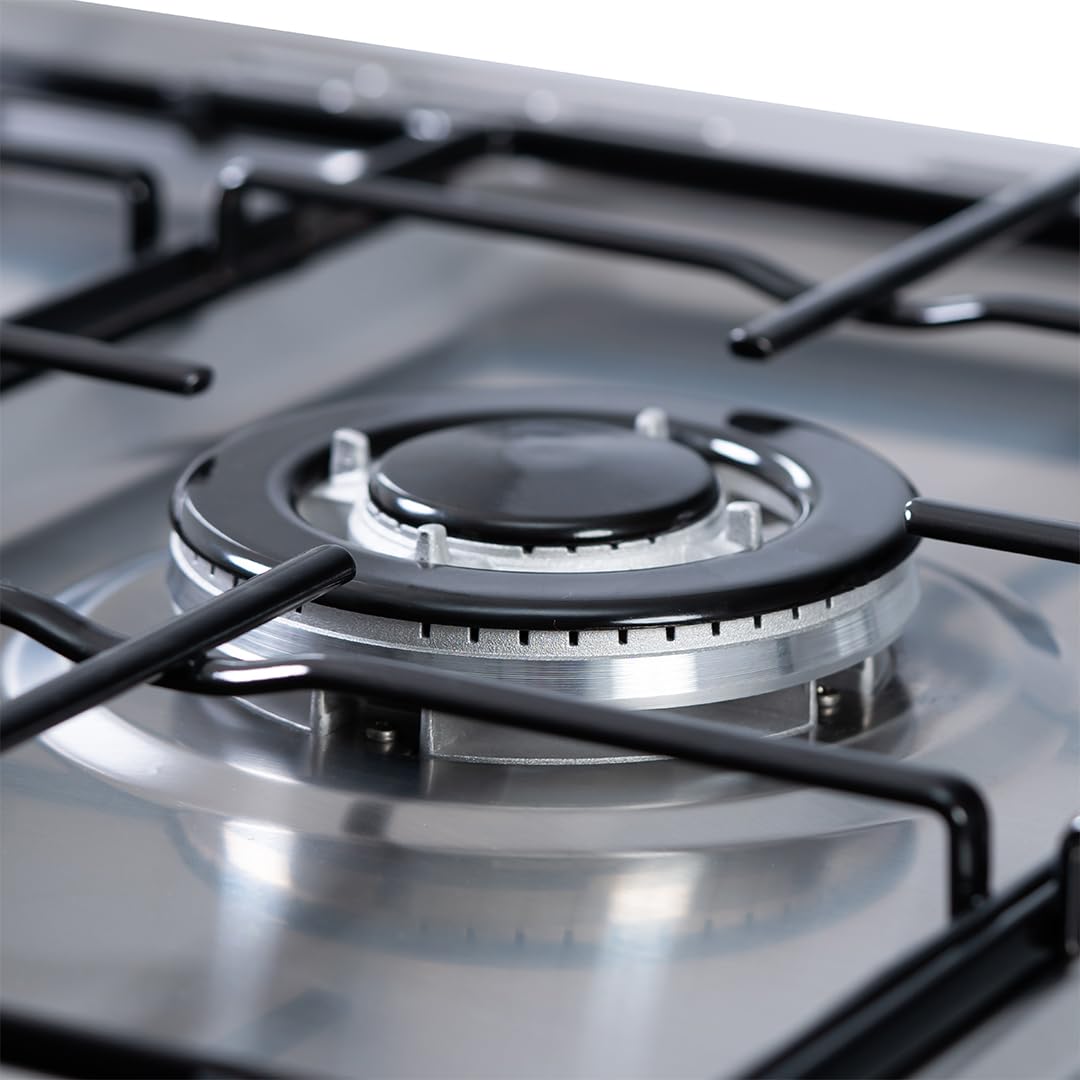 Svan Cocina Gas Butano 5 Zonas de Cocción, Horno 59 L, Inox SKGW5901PBX. Control Manual, Quemador WOK triple llama, 2 Programas de Cocción, Compartimento Bombona, Cristal en Puerta de Doble Capa