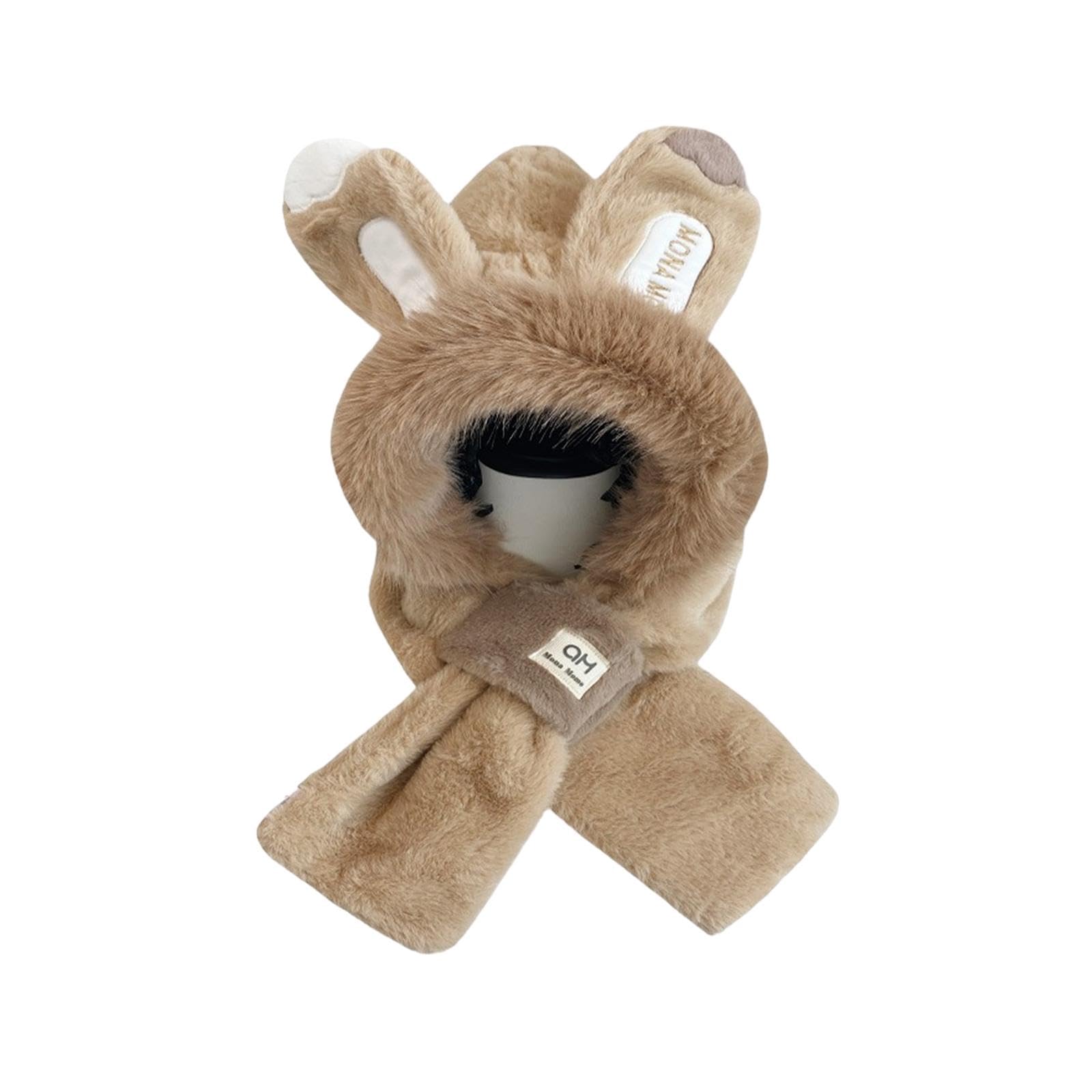 Winter Hat Scarf Comfortable 2 in 1 Beanie Headwear Cartoon Plush Animal Hat Khaki-image-5