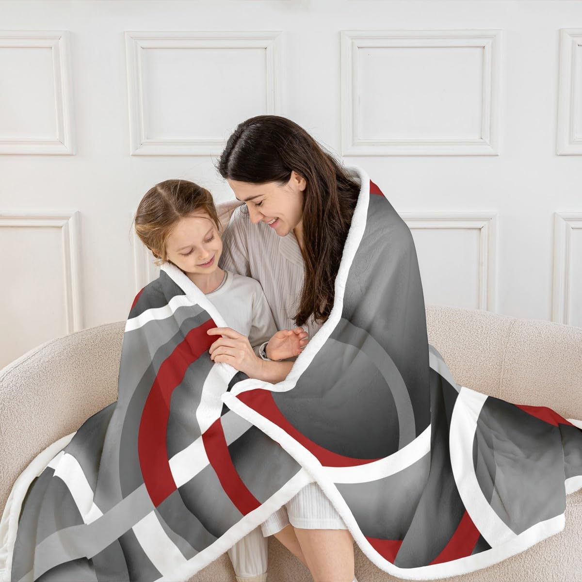 Gray Black Red Swirls Fleece Throw Blanket Soft Cozy Retro Circle Stripes Sherpa Blanket for Kids Women Adults Modern Abstract Plush Blanket Color Art Fuzzy Blanket for Sofa Bed Couch,50x60 Inches