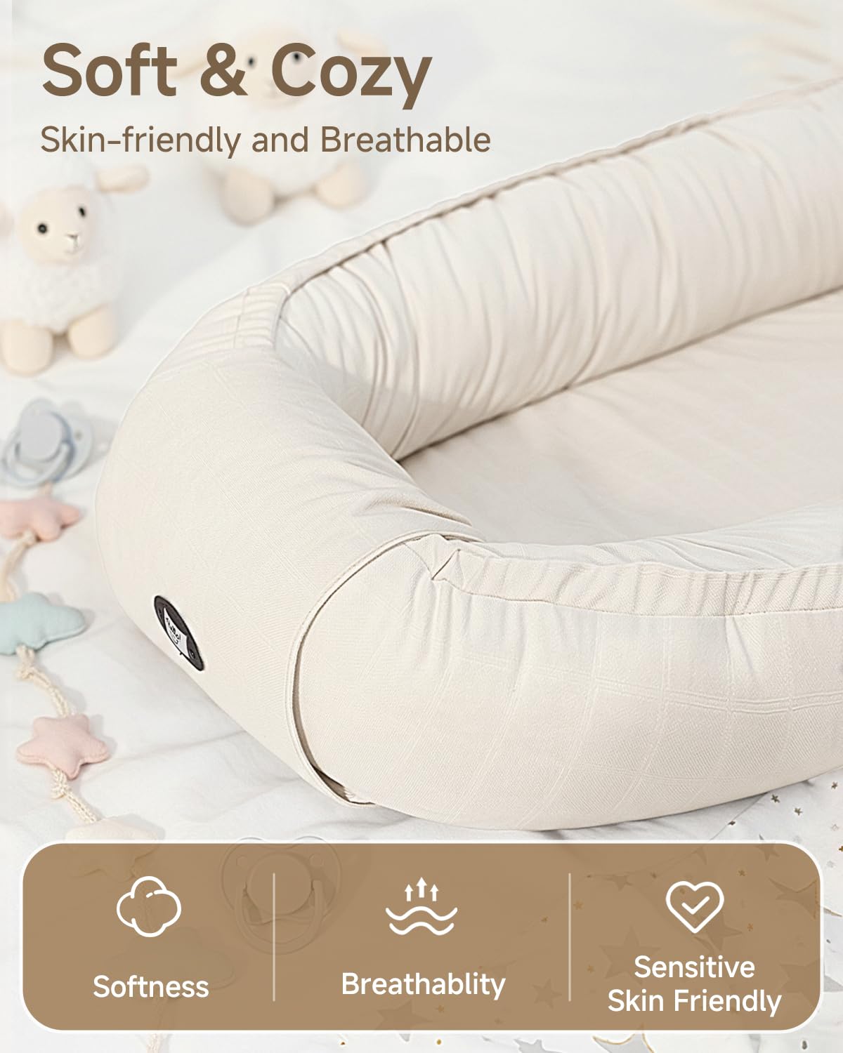 Baby Lounger, Adjustable Baby Lounger for Newborn 0-24 Months, Breathable & Soft Infant Lounger,Tummy Time Lounger for Home and Travel,Baby Girls & Boys Babies Stuff, Baby Shower Gifts, Beige