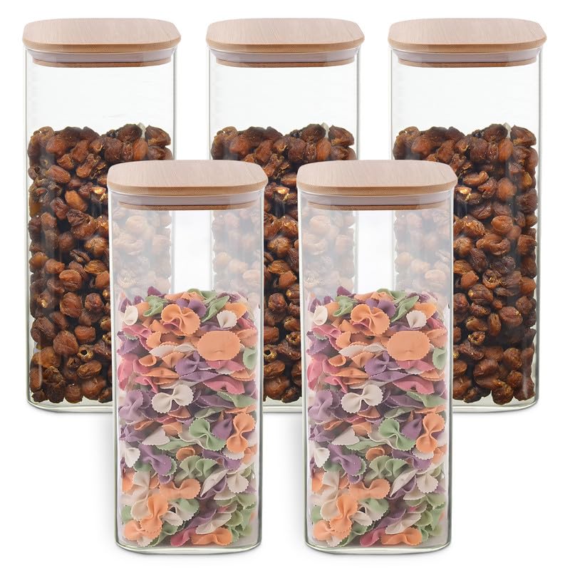 Image of Allo 1000ML Kitchen Storage Box Glass Jars With Wooden Lids - Borosilicate Glass Food Storage Containers Airtight Glass Jar For Tea, Coffee, Spice, Pulses, Masala (Square Glass Jar - Set of 5)