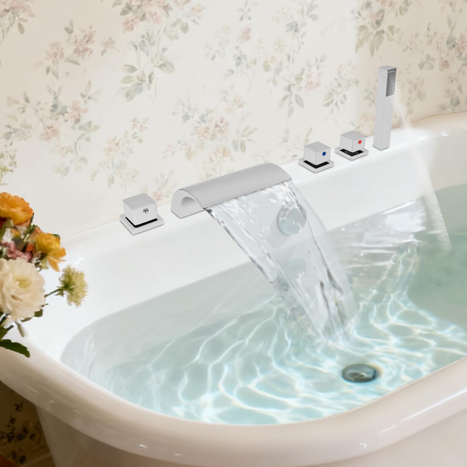Rubinetto per vasca da bagno a 5 fori - Rubinetto per vasca da bagno a cascata - Set doccia con doccetta - Rubinetto doccetta per bagno, per la casa