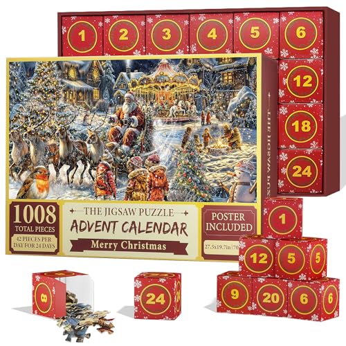 Advent Calendar 2024, Christmas Jigsaw Puzzles - 1008 Pieces Puzzles for Adults Teenagers, 24-Box Countdown to Christmas Game, Puzzles Gift, Festive Home Decorations, Finished Size 27.5x 19.7in