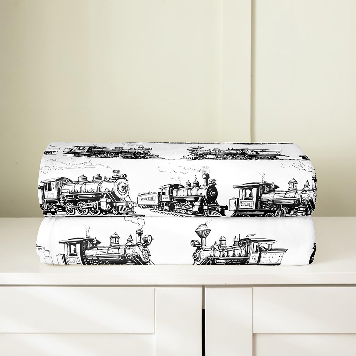 Kids Boys Trains Flannel Blanket for Boys Girls Kids,Retro Style Steam Train Fleece Blanket Super Soft Throw Blankets,Black White Sketch Painting Bed Blanket Gifts for Teens Queen 90"x90"