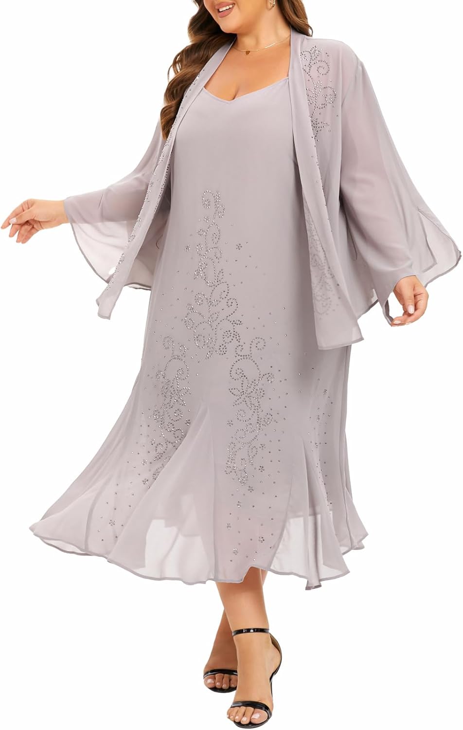 Plus Size Jacket Dress Suits 2 Piece Chiffon Sets Delicate Rhinestone Pattern Mother of Bride Dresses for Wedding - Image 3