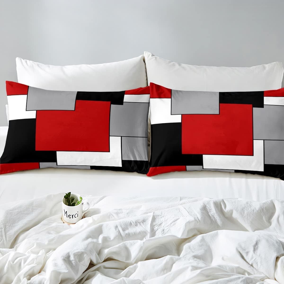 Funda Nordica Cama 105 Negro Rojo - Ropa de Cama Microfibra Suave, Funda Nórdica Gris Blanco Funda Edredon 200x200 cm y 2 Funda de Almohada 50x75 cm, 3D Funda de Edredón 5643z